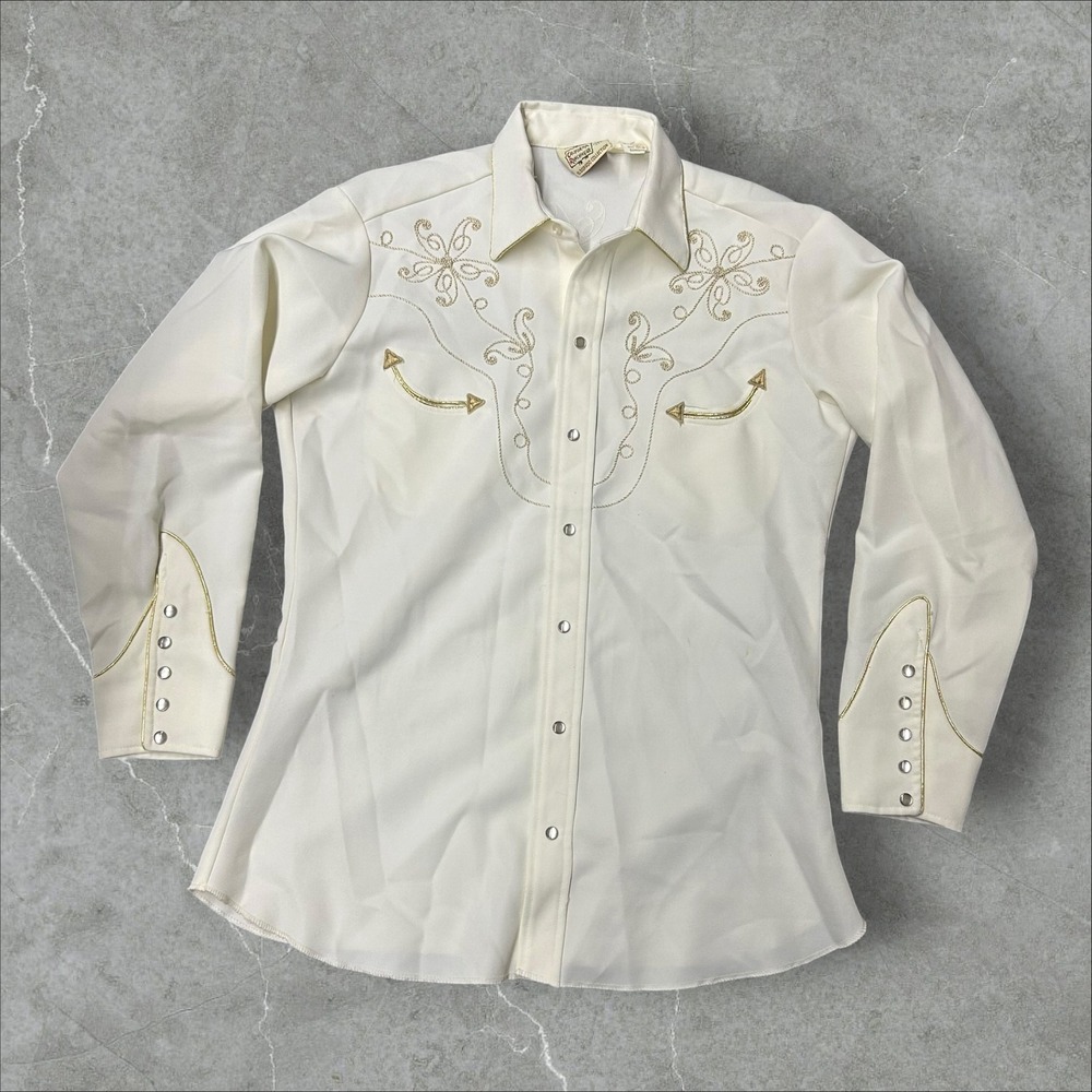 H Bar C Western Shirt Mens 16 White Gold Floral Embroidery Pearl Snap Vintage